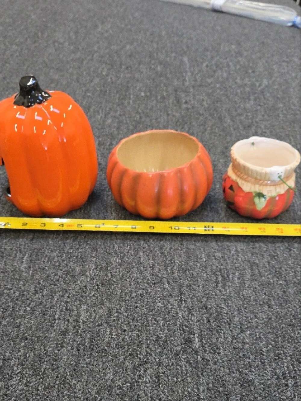 3 Orange Ceramic Pumpkin Decorative Candy Bowls - Unbranded